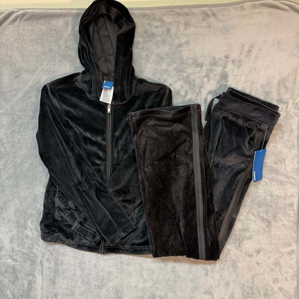 NWT Reebok Velour Tracksuit Set Black Full Zip Hoodie Pants